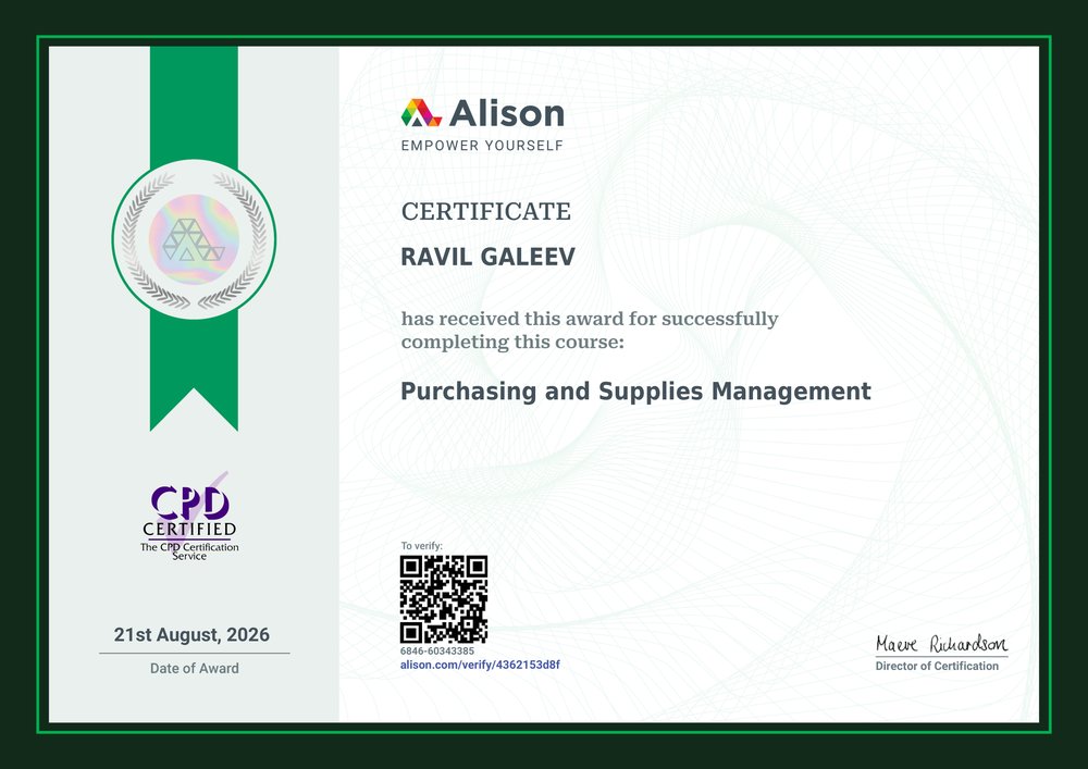 Alison certificate: Purchasing and Supplies Management, CPD Certified, August 2026